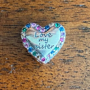 Charm "Love My Sister" with embedded multicolored rhinestones and little hearts